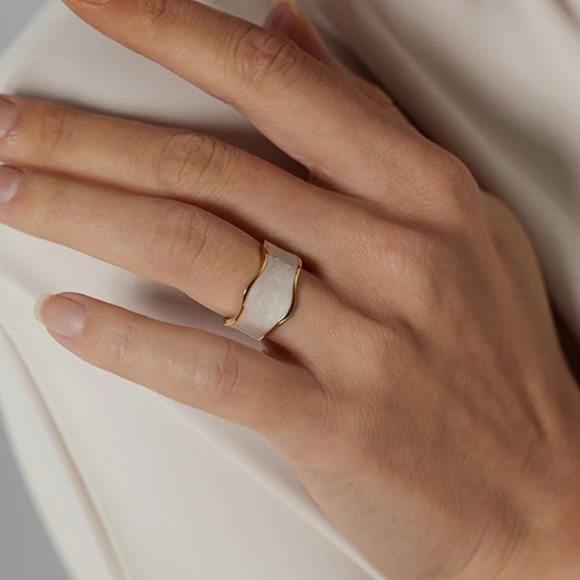 New 18K Gold Plated White Enamel Resizable Ring - Picture 6 of 9